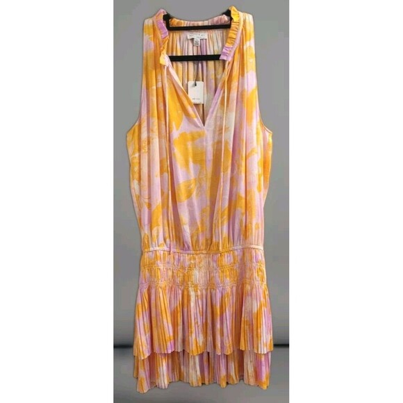 Current Air Anthropologie Size Lg Cara Pleated Mini Dress Orange Purple Spring - Picture 1 of 9